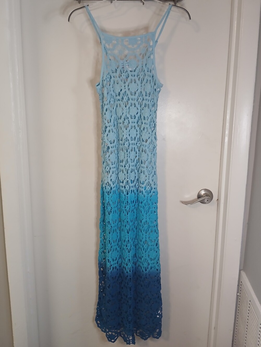 Blue Ombre Open Knit Crochet Swimsuit Cover Up Dress S/M NWOT